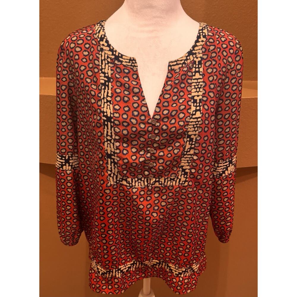 THML Pattern Top Boho Peasant Blouse Dark Rust/Blue Artsy Size M